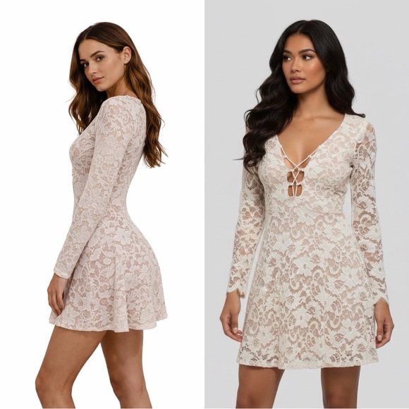 Luxxel Dresses & Skirts - Luxxel White Lace Long Sleeve Mini Dress Size Small | Lace-Up V-Neck Fit & Flare